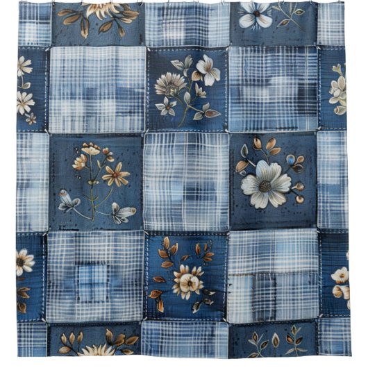 Florales Patchwork-Muster | Boho-Denim Duschvorhang (Vorderseite)