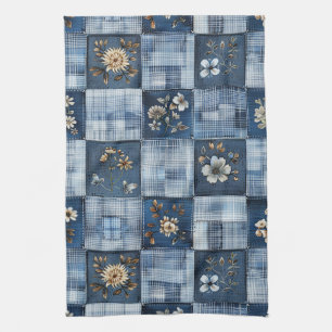 Florales Patchwork-Muster Boho-Denim Geschirrtuch