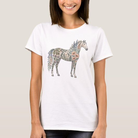 Florales Pferd Dunkle Botanik T-Shirt (Vorderseite)