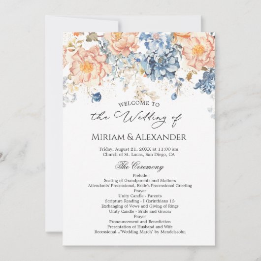 Florales Pfirsich-Rosa-Blaues Hochzeitsprogramm Einladung (Vorderseite)