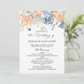 Florales Pfirsich-Rosa-Blaues Hochzeitsprogramm Einladung (Stehend Vorderseite)