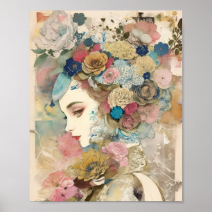 Florales Porträt Mixed Media Collage Ephemera Poster
