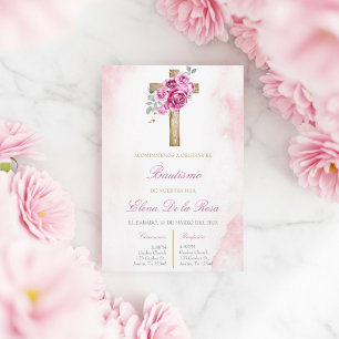 Florales Rosa blush mit Kreuztaufe Einladung