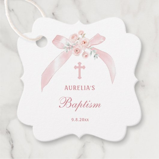 Florales rosa Schleife Taufe Geschenkanhänger (Vorderseite)
