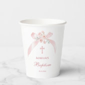 Florales rosa Schleife Taufe Pappbecher (Rückseite)