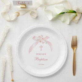Florales rosa Schleife Taufe Pappteller