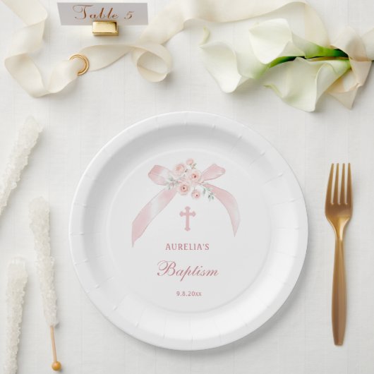 Florales rosa Schleife Taufe Pappteller (Hochzeit)