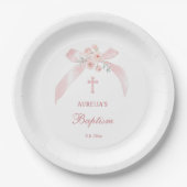 Florales rosa Schleife Taufe Pappteller (Vorderseite)