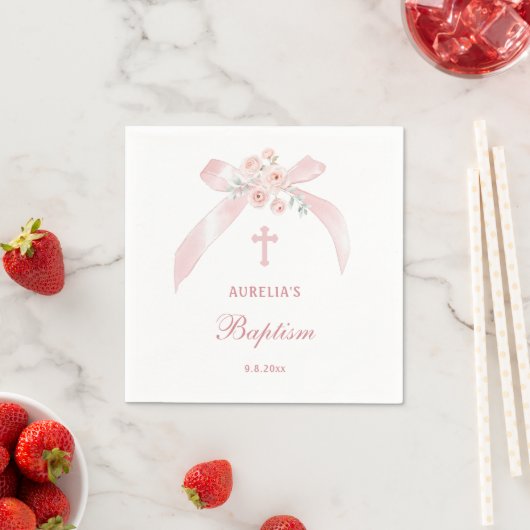 Florales rosa Schleife Taufe Serviette (Beispiel)