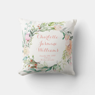 Florales rosafarbenes Monogramm Baby-Geburtsstatis Kissen