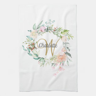 Florales Rosen Gold Schrift Monogramm Geschirrtuch