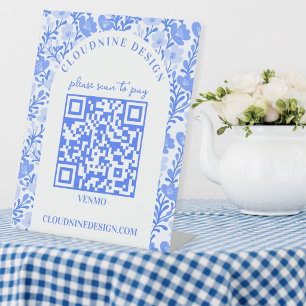 Florales Schild Blau Weiß SCAN TO PAY QR CODE