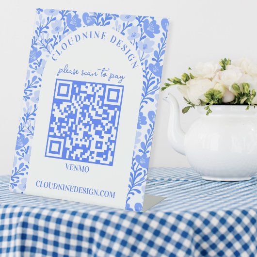 Florales Schild Blau Weiß SCAN TO PAY QR CODE