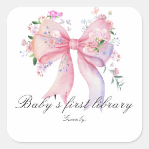 Florales Schleifen-Baby-Taufe - erste Bibliothek d Quadratischer Aufkleber