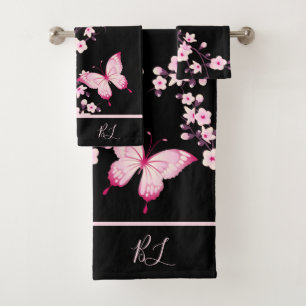 Florales Schmetterling-Schwarz-Rosa-Monogramm Badhandtuch Set