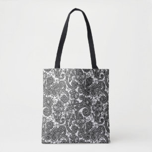 Florales Schwarz-Weiß-Paisley-Damaskus-Blumenmuste Tasche