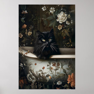 Florales Schwarzkatzen-Badezimmer-Print, Gothic Poster