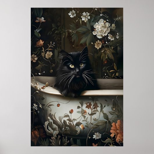 Florales Schwarzkatzen-Badezimmer-Print, Gothic Poster (Vorne)
