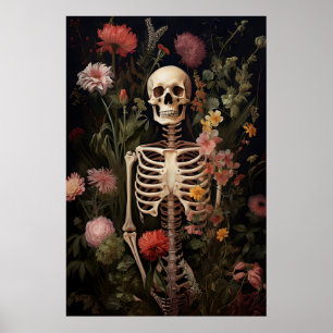 Florales Skelett-Gotik-Porträt-Druck, Dunkel Poster