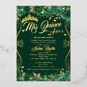Florales Smaragd-Roll Mis Quince Quinceanera Folieneinladung