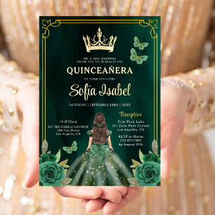 Florales Smaragdgrün Gold Schmetterling Quinceaner Folieneinladung