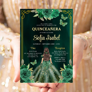 Florales Smaragdgrün Gold Schmetterling Quinceaner Folieneinladung