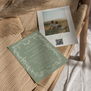 Florales Smaragdgrün-Monogramm-Foto-QR-Code-Hochze Einladung