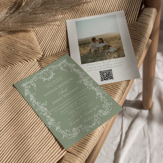 Florales Smaragdgrün-Monogramm-Foto-QR-Code-Hochze Einladung