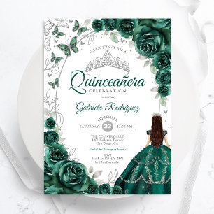 Florales Smaragdgrün Silber Quinceanera Einladung