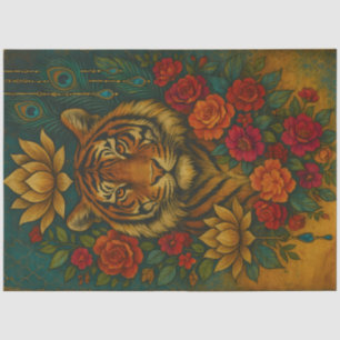 Florales Tiger-Porträt – Botanischer Tier-Dekupier Seidenpapier