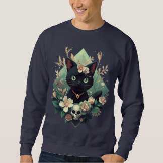Florales Totenkopf-Pixel-Art einer schwarzen Katze Sweatshirt