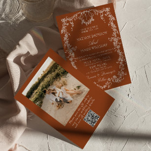 Florales verbranntes orange Foto QR-Code Boho-Hoch Einladung