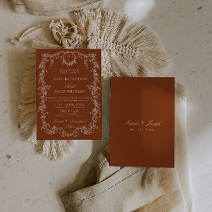 Florales verbranntes orange Monogramm Boho-Hochzei Einladung