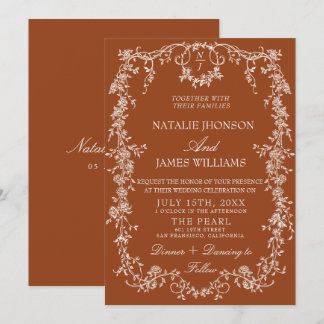 Florales verbranntes orange Monogramm Boho-Hochzei Einladung