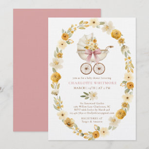 Florales Wagen-Baby-Shower Rosafarbenes Design Einladung