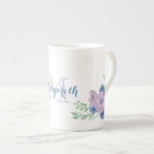 Florales Wasserfarben Blau Lila Monogramm Porzellantasse
