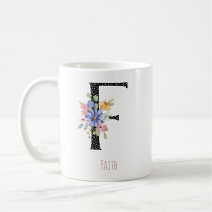 Florales Wasserfarben-F-Monogramm Name schwarzer T Kaffeetasse