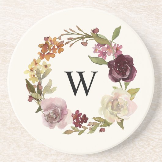 Florales Wasserfarben-Kranz-Monogramm Beige Getränkeuntersetzer (Vorne)
