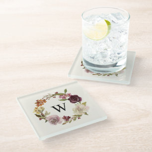 Florales Wasserfarben-Kranz-Monogramm Beige Glasuntersetzer