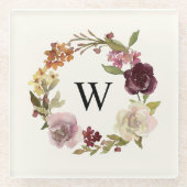 Florales Wasserfarben-Kranz-Monogramm Beige Glasuntersetzer (Vorderseite)