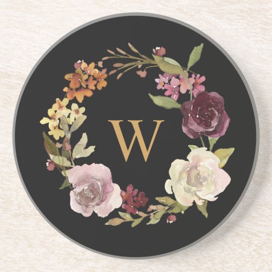 Florales Wasserfarben-Kranz-Monogramm Schwarz Getränkeuntersetzer (Vorne)
