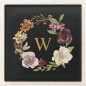 Florales Wasserfarben-Kranz-Monogramm Schwarz Glasuntersetzer (Vorderseite)