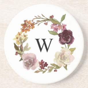 Florales Wasserfarben-Kranz-Monogramm Weiß Getränkeuntersetzer