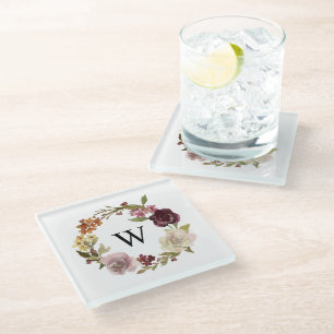 Florales Wasserfarben-Kranz-Monogramm Weiß Glasuntersetzer