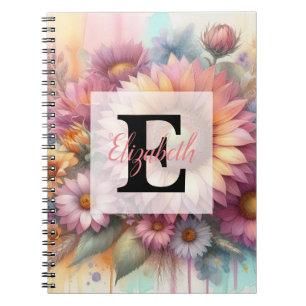 Florales Wasserfarben-Monogramm rosa gelbe Sonnenb Notizblock
