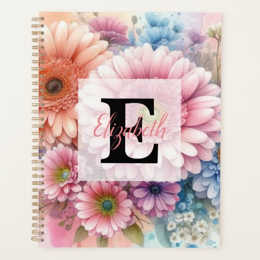 Florales Wasserfarben-Monogramm rosa Gerbera-Daisi Planer (Vorderseite)