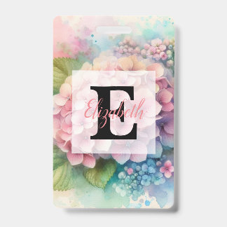 Florales Wasserfarben-Monogramm rosa Hortensie  Ausweis