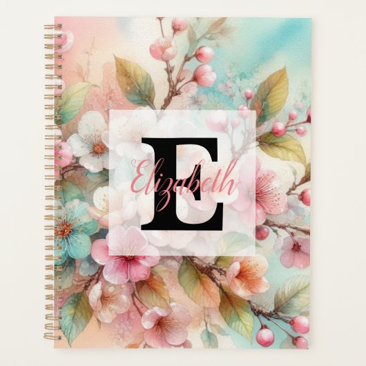 Florales Wasserfarben-Monogramm rosa Kirschblüten  Planer (Vorderseite)