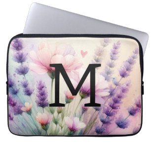Florales Wasserfarben-Monogramm rosa lila lavendel Laptopschutzhülle