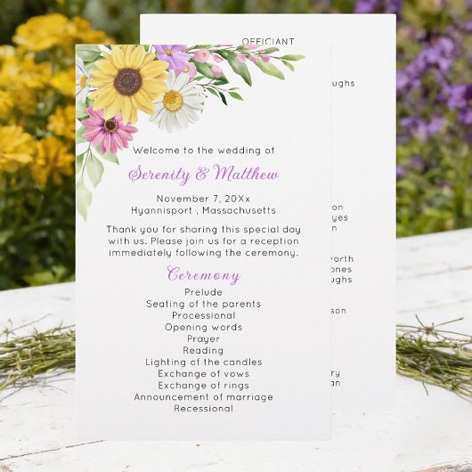 Florales Wildblumen-Sonnenblumen-Hochzeitsprogramm